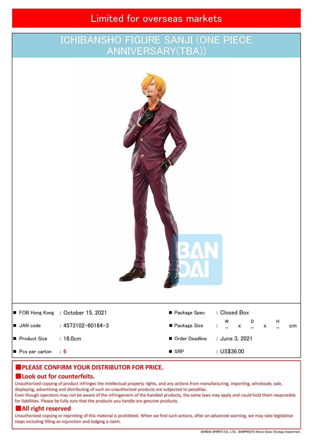 BANDAI One Piece vol 100 aniversary Sanji Ichiban Statue