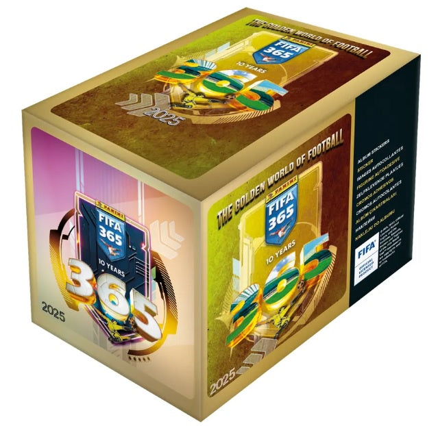 1 CAJA CON 50 SOBRES DE ESTAMPAS  FIFA 365 2025 10 ANNIVERSARY THE GOLDEN WORLD FOOTBAL