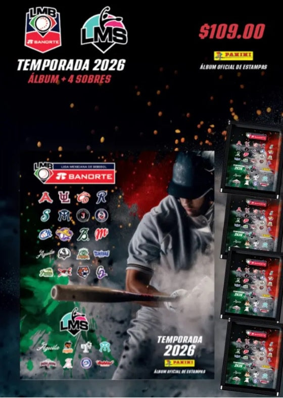 Album  Liga Mexicana de Beisbol 2026 Pasta Suave + 4 sobres de estampas